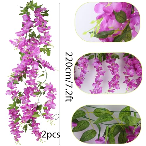 CISDUEO 2 Pcs Wisteria Hanging Flowers Wisteria Flowers Vine Garland Wedding Arch Decoration Purple Red Artificial Wisteria Vines Hanging Flower Vines Silk for Party Garden Home Table Backdrop 7 Feet - color: Purple Red