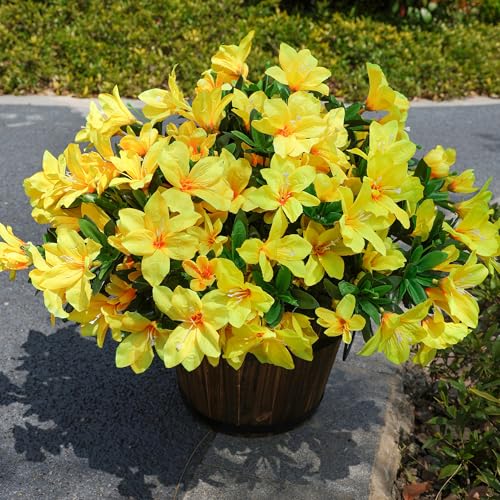 INSPRING Artificial Azalea Flowers Fake Plants for Outdoors Spring Summer Decoration, 3 Bundles UV Resistant Faux Silk Outside Flowers Look Real for Outdoor Planter Front Door Patio Garden, Yellow - color: Yellow
