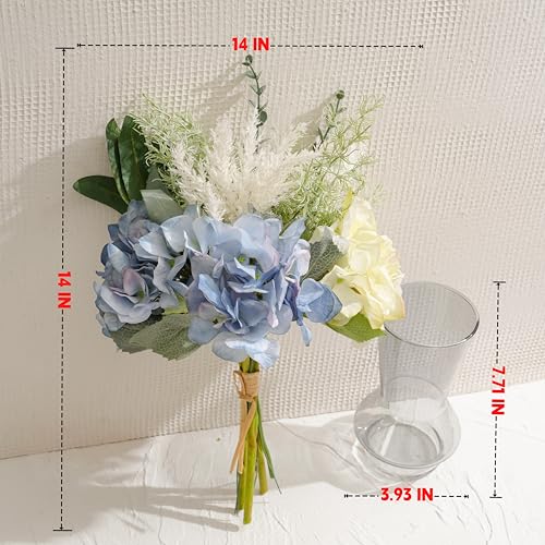 LUEUR Artificial Blue Hydrangea Flowers in Vase Centerpiece – Coastal Style Faux Floral Arrangement for Coffee Table, Dining Room, Living Room, Bathroom & Beach House Home Decor - color: Green & Yellow