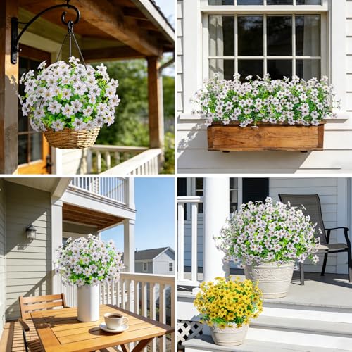 20 Bundles Artificial Flowers for Outdoors, Fake Silk Flowers UV Resistant Faux Realistic Plastic Plants for Spring Summer Porch Patio Garden Planter Window Box Home Decor, White - color: White