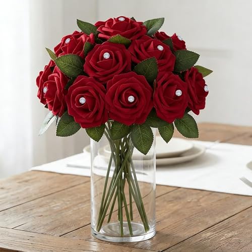 100Pcs Real Looking Burgundy with Diamonds Artificial Rose Flower Heads, Foam Fake Roses for DIY Wedding Decorations Baby Shower Centerpieces Home Party Valentine's Day Mother's Day Decor - color: 100pcs Burgundy With Diamonds