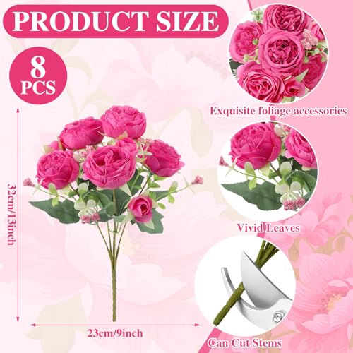 8 Pack Hot Pink Peonies Artificial Flowers, Fake Silk Hydrangea Bouquet for Bridal Wedding Home Table Decor Reusable Dining Opening Ceremony Birthday Arrangement Faux Floral - color: Hot Pink