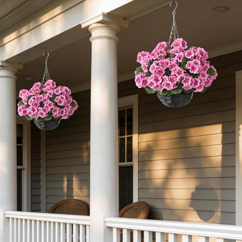 GLIDLION 2 Set Artificial Geraniums Flowers with Hanging Baskets for Outdoors - Sun Resistant Silk with Geranium Flowers, Fake Hanging Planters for Front Porch Garden Patio Home Decor (Pink) - color: Pink