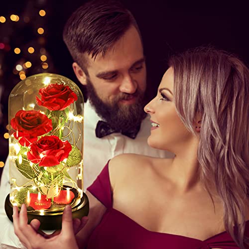 Women Gift Idea Birthday,Unique Gifts for Mom,Beauty and The Beast Rose in Glass Dome With 2 Lights Mode, Birthday Gifts for girlfriend,Wife，Anniversary Red Silk Rose Flower Gifts for Women - color: Classic Rose Red
