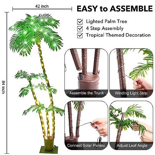 7FT Palm Trees for Outside Patio, Christmas Palm Trees Decor, Waterproof＆Windproof Solar Light Up Tree, Artificial Lighted Palm Tree Party Decorations for Outside Indoor Patio Decor