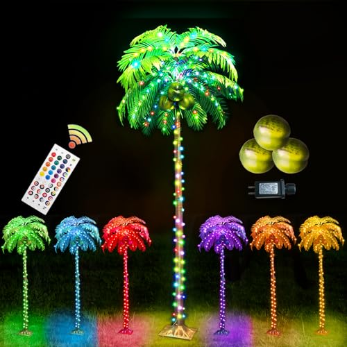 Ledido 5FT Lighted Palm Trees for Outside Patio, 35 Colors Changing Light Up Palm Trees Outdoor with Remote, Led Artificial Fake Tree with Coconuts for Pool Tiki Bar Yard Tropical Party Indoor Decor - color: Color Changing, size: 5ft