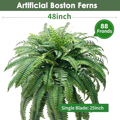 48" Fake Ferns, Ferns Artificial Plants Large, Artificial Boston Fern, Faux Fern for Outdoors Planter Realistic UV Resistant Fake Bush Plants Greenery with 88 Fronds, 1 Pcs