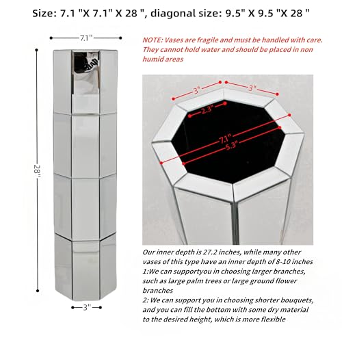 28" Tall Floor Vase, Mirror Silver Large Flower Vases for Home Decor, Mirrored Glass Decorative Modern Vase for Living Room,Office,Centerpiece (Silver Octagon:7.1''L X 7.1''W X 28''H) - size: Silver Octagon:7.1"L X 7.1"W X 28"H