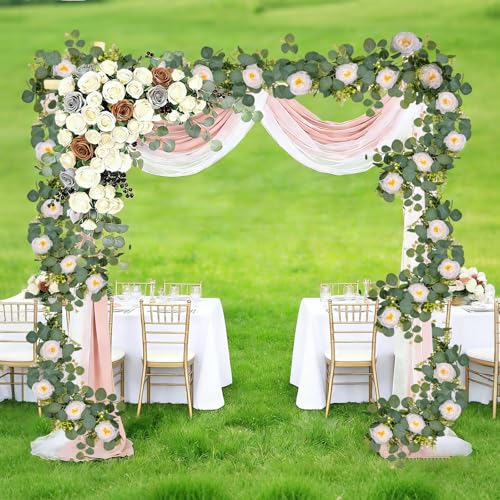 2 Pack 12Ft Artificial Flower Garland with Eucalyptus and 12 Roses, Fake Rose Garland Floral Vines for Wedding Backdrop, Table Centerpieces, Party Decor, Wall Greenery (White, 2PCS) - color: White