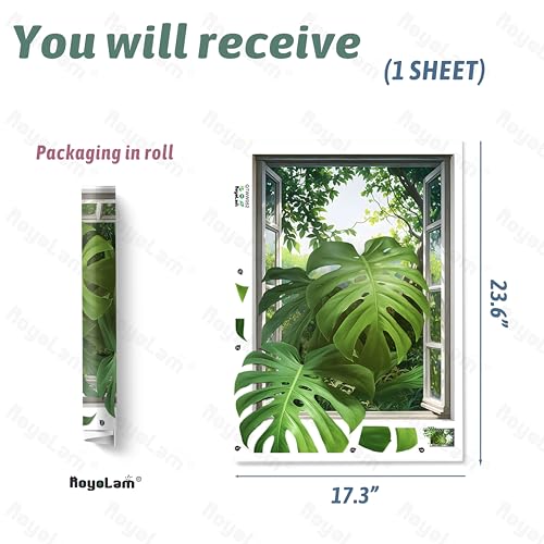 3D Monstera Leaves Fake Window Wall Stickers for Living Room Green Plants Jungle View Wall Decals Removable Peel and Stick Wall Art Home Decor Decoration for Bedroom Bathroom Classroom Library