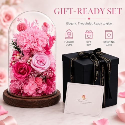 Preserved Flowers in Glass, Eternal Real Flowers with 1 Carnation & 2 Pink Roses for Women Mom Grandma Forever Rose Bouquet for Anniversary Birthday Mother's Day Lasts 3-5 Years(No Lights) - color: Light Pink
