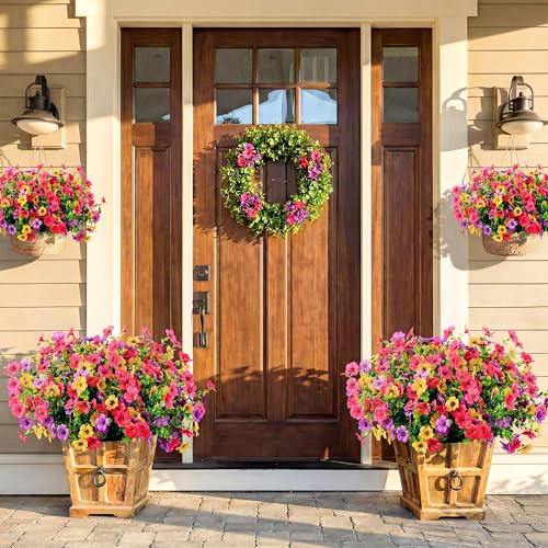 Artificial Flowers for Outdoors, Faux Plants 12 Bundles Silk Colorful Fake Flowers Eucalyptus Realistic UV Resistant for Outside Home Planter Porch Patio Yard Decor (12, Hot pink Purple Yellow) - color: Hot Pink Purple Yellow