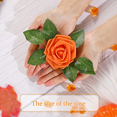 Syhood Artificial Foam Rose Flowers Vintage Fake Roses DIY Bouquets with Leaves and Stems for Wedding Bridal Shower Party Centerpieces Home Romantic Decor(Orange,50 Pieces) - color: Orange