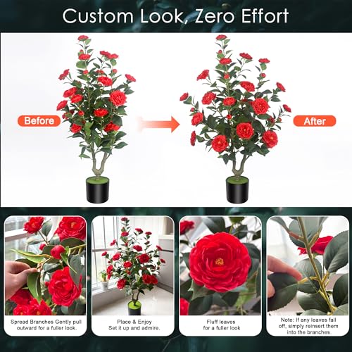 2Pack 39.37"/3.28FT Artificial Camellia Trees with 32 Flowers in Cement Pots – Lifelike Fake Trees for Front Porch, Home, Indoor Outdoor Spring Decor, Office or Housewarming Gifts (Red) - color: Red, size: 3ft 3inx2