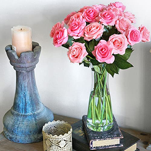 FiveSeasonStuff Fake Roses Wedding Flowers Real Touch Silk Pink Artificial Flowers 12 Stems - color: Pink