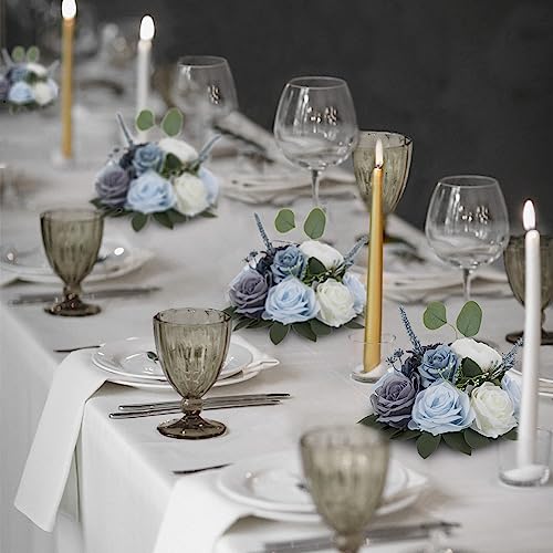 BLOSMON Artificial Flowers Ball Wedding Centerpieces 10 Pcs Dusty Blue Rose Artificial Flower Center Pieces Decoration for Table Silk Kissing Ball Floral Bouquet Arrangements Home Party DIY Decor - color: Dusty Blue