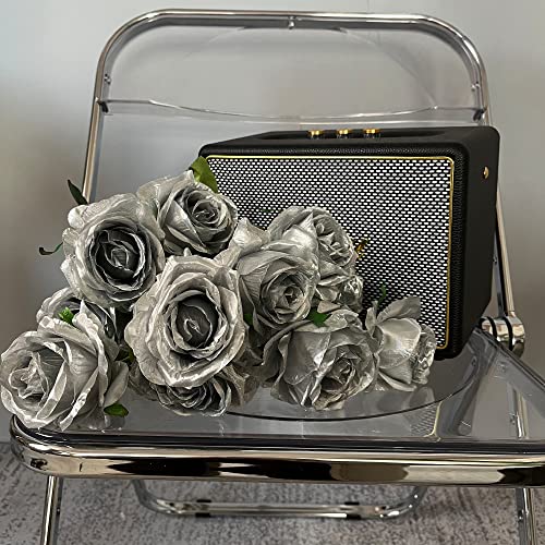 Nubry Artificial Silk Rose Flower Bouquet Lifelike Fake Rose for Wedding Home Party Decoration Event Gift 10pcs (Silver) - color: Silver