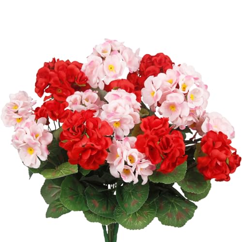 CISDUEO 4 Pcs Artificial Geranium Flowers for Outdoors Silk Flowers Outside Red Hot Pink Faux Flowers Geraniums for Outdoor Decor Indoor Garden Patio Grave Cemetary Table Centerpiece - color: Red, Pink
