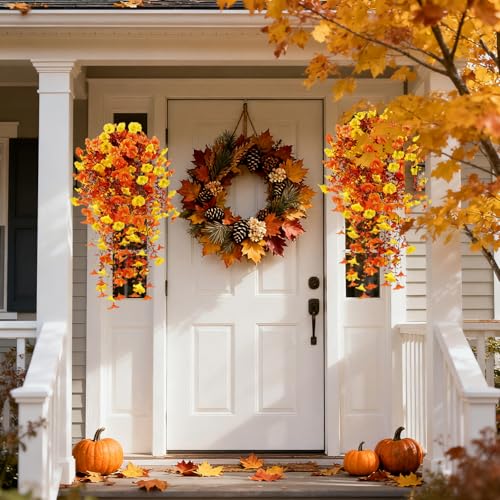Fall Hanging Flowers Artificial Hanging Morning Glory Flowers for Outdoors for Outside,Garden,Home Decor,Wedding Events,Patio,Porch,Yard(Fall,2 Bunches/4Pcs) - color: Yellow& Orange, size: 2 Bunches/ 4Pcs