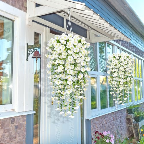 TOCHGREEN Artificial Fake Hanging Flowers Plants for Outdoor Decoration 2PCS Faux Silk Morning Glory Flowers UV Resistant Hanging Plants for Home Porch Patio Garden Planter Decor (White, 2PCS) - color: White, size: 2PCS