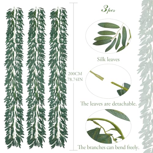 dallisten 3Pcs 6.5FT Artificial Olive Leaves Vine, Realistic Silk Fake Hanging Olive Leaves Greenery Garland for Home, Room, Wedding, Table Runner, Wall, Party, Backdrop, Indoor, Outdoor Decoration - color: Olive Green