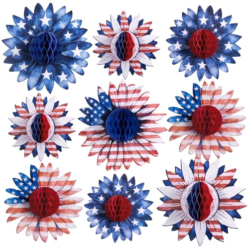 Paper Jazz 4th of July Decorations Paper Flower American Flag Red White and Blue Decor for Presidents Day,Patriotic Decoration Haning Paper Honeycomb for Veterans Day, Independence Day Birthday Party - color: blue And White