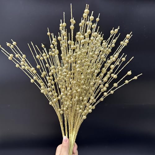 Artificial Glitter Berry Stem Ornaments, Gold Bright Berries Decorative Bead Sticks, Picks Branches Glittery Twigs for Home Christmas Tree Vase Holiday Wedding Party Decor - 17 Inch Golden 10 Pack - color: Glitter Berries Stems Sticks - Golden 10 Pcs