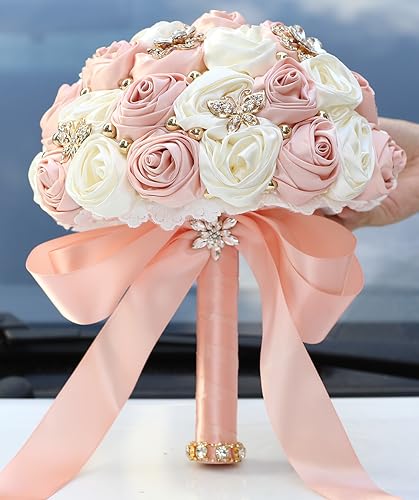 5.9" Mini Bridal Bouquet Handmade Satin Rose Round Wedding Bouquet Throw Toss Artificial Flower Bunch Pale Pink + Ivory - color: 809a Pale Pink/Ivory, size: 5.9"/15cm
