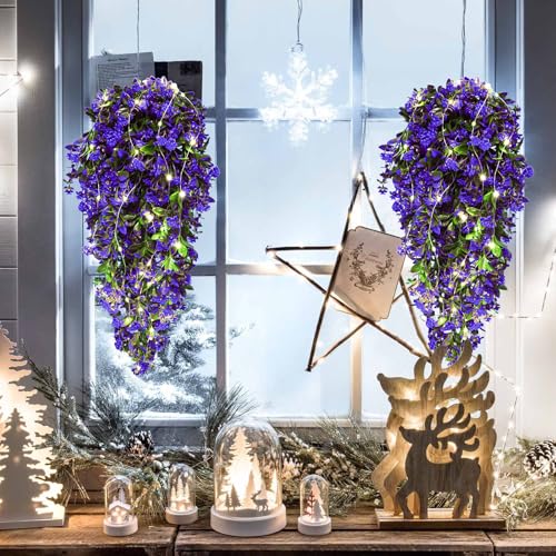 RECUTMS 2Pcs Artificial Hanging Plants Fake Hanging Plants Outdoor Greenery Artificial Hanging Flower for Outdoors Hanging Basket Home Garden Wedding Party Decorations (Lights Purple-Rose) - color: Lights Purple-rose