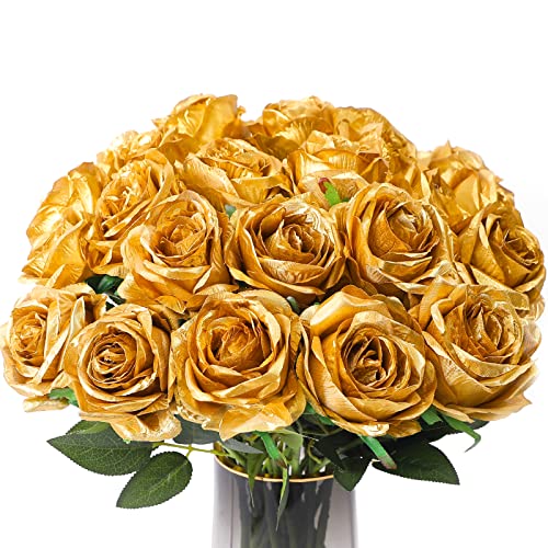 Veryhome 10 Pcs Artificial Gold Flowers Silk Roses Real Touch Bridal Wedding Bouquet Gold Rose for Christmas Home Garden Party Floral Decor - color: Blooming Rose - Gold