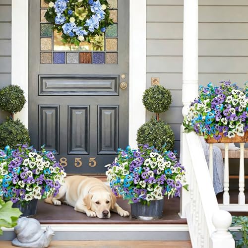 16 Bundles Artificial Fake Pansies Flowers for Outdoors Silk Colorful Pansy UV Resistant Faux Plastic Plants for Outside Planter Front Door Porch Yard Patio Garden Decor (Blue Purple White) - color: Blue Purple White