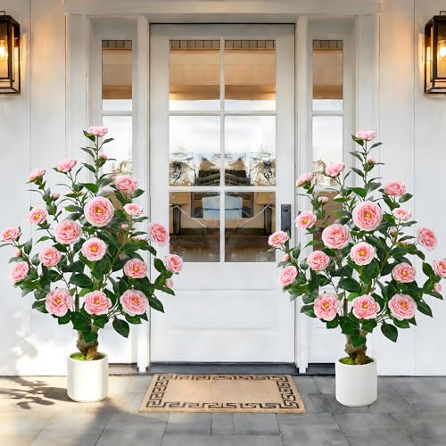 2 Pack 38" Artificial Camellia Tree, Artificial Plants Outdoor Faux Plants in Pot, Artificial Flower for Outdoors Front Porch Decor, Fake Tree Plant Faux Flowers for Indoor Outdoor Home Decor, Pink - color: Pink