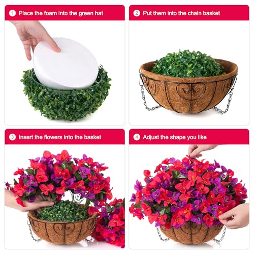 Artificial Hanging Flowers Plant with Basket for Outdoors Spring Decor, Fake Hanging Plants Silk Bougainvillea in Planter Look Real UV Resistant Faux Flower for Outside Porch Patio Garden Home, Mix - color: Red + Purple