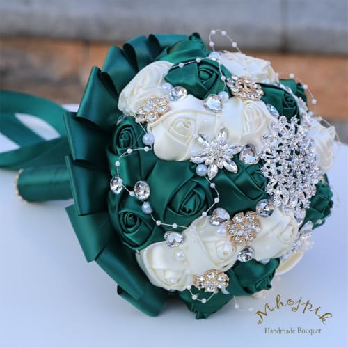 9.8" Dark Green & Ivory Bridal Wedding Bouquet Round Holding Bouquet Throw Toss Artificial Rose Flower Bunch for Bride Bridesmaid Wedding Quinceanera - color: Dark Green & Ivory, size: Large (Dia. 9.8"/25cm)