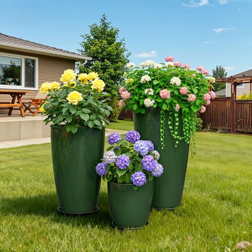 QCQHDU 24,21,11 inch Large Planters with Drainage Hole & Saucer, Set of 3 Plant Pots Tall Planter for Indoor & Outdoor Plants Home Modern Decor - color: Green, size: 24,21,11 inch