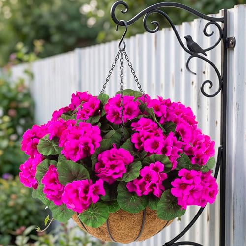 Hananona 2 Set Artificial Outdoor Geraniums Flowers with Hanging Basket, 2 Hanging Planters with 12 Pcs Red Geranium Flowers for Spring Summer Front Porch Garden Patio Home Decor (2, Rose Red) - color: Rose Red
