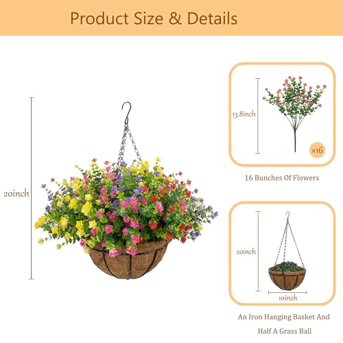 NETAP Artificial Hanging Flowers Basket for Outdoor, 16 Fake Flowers Look Real UV Resistant, Faux Hanging Plants for Porch, Balcony, Patio, Garden, Spring Summer Decor,MixB - color: Mixb