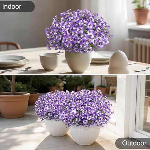 Artificial Pansies Flowers for Outdoor Faux Flower Spring Summer Decor, 12 Bundles Realistic Fake Silk Flowers Outside UV Resistant for Porch Patio Garden Home Yard Window Box Planters Purple - color: Purple White