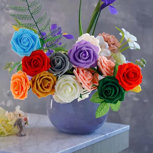 [25PCS] Light Blue Roses Artificial Flowers with Long Stem Real Touch Fake Foam Roses for Decoration DIY Wedding Bouquets Centerpieces Bridal Shower Flower Arrangements Home Decor - color: Light Blue