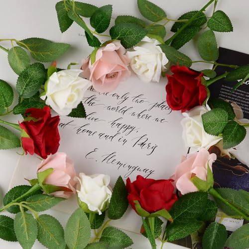 48 Pcs Silk Artificial Flowers, Fake Rose Long Stem Realistic Artificial Flowers for Wedding Arrangement Centerpiece Party Decor (16 Burgundy, 16 Coffee Pink, 16 Off-White)
