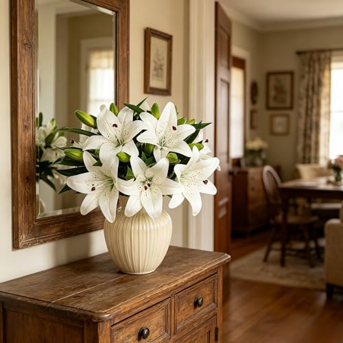 Kimura's Cabin 6Pcs Tiger Lily Artificial Flowers Real Touch Fake Lilies with Stems Faux Lilies Bouquet for Wedding Floral Arrangements Easter Home Table Centerpiece Office Decor(White) - color: White