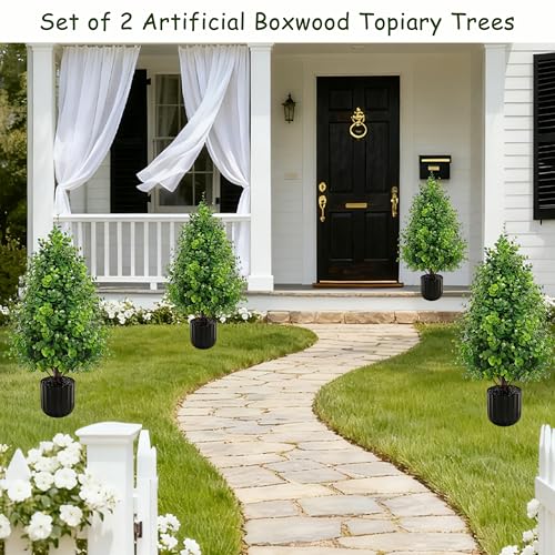 2PACK Boxwood Topiary Trees Artificial Oudoor Indoor, 2.3FT Artificial Potted Plants with Pot, UV Rated Centerpiece Faux Bushes Potted Eucalyptus Tree for 4th of July Outdoor Planters Front - color: Money Plant Green