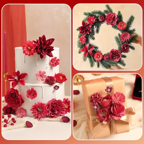 Artificial Flowers Heads Combo Red Flowers Mix Silk Flowers Heads Bulk Faux Rose for Craft Garland Graduation Cap Wedding Bridal Baby Shower Home Party Decoration DIY Cake Decor - color: Red