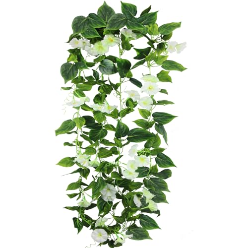CISDUEO 2 Pcs Artificial Vines Silk Morning Glory Vines for Outdoor 15Feet Hanging Plants Garland White Fake Green Plant Morning Glories for Home Decor Wall Fence Stairway Wedding Hanging Baskets - color: White