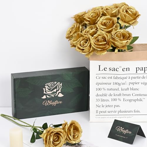 Waipfaru 16 Pcs Fake Gold Roses Artificial Flowers with Long Stems, Rose Bouquet Silk Faux Flowers for Valentines Wedding Party Vase Centerpiece Home Decor (Gold) - color: Gold, size: 16 Pcs