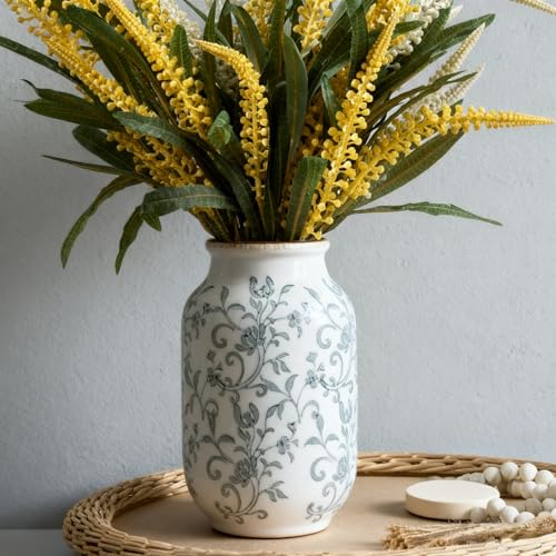 SIDUCAL Ceramic Vintage Vase, 8.78 Inch Chinoiserie Floral Vase, Retro Ice Cracked Rustic Farmhouse Vases for Home Decor, Living Room, Bookshelf, Office, Tuscan Decor, Gray Floral Pattern - color: 18049-gray