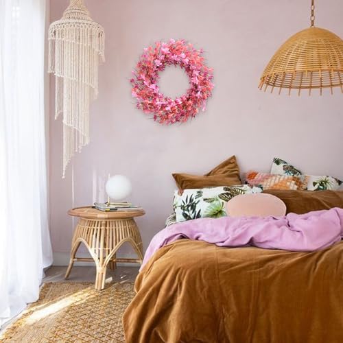 22inch Artificial Forsythia Flower Wreath Spring Summer Fall Wreath Silk Leaves for Front Door Decoration Porch Farmhouse Patio Garden Home Decor (Pink) - color: Pink