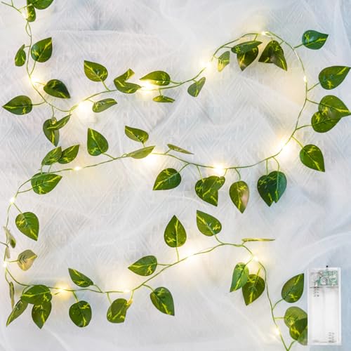 suddus Fake Vines with Lights Battery Operated, 20 LED 6.56FT Pothos Garland Fairy Lights with Timer, Leaf String Lights for Bedroom,Room,Window,Wall,Party,Garden,Wedding Indoor Decor (Warm White) - color: Pothos, size: 20 LED-Copper Wire Battery-Powered