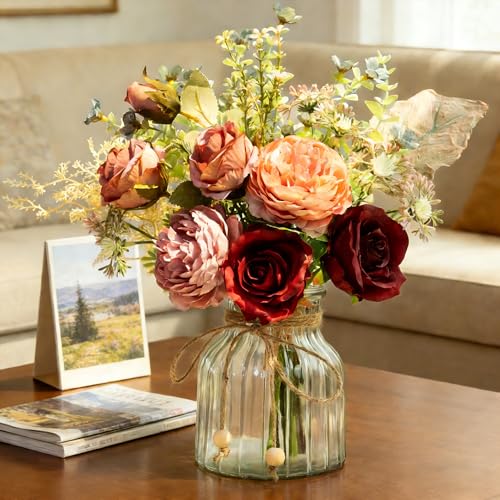 LESING Fake Artificial Flowers with Vase Faux Silk Flower Bouquet in Glass Vase Rose Floral Arrangements Flower for Home Office Decoration, Dining Table Centerpiece (Red) - color: Red