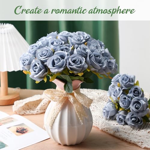 Hoteam 72 Heads Dusty Blue Artificial Rose Flowers 6 Bouquet Wedding Decoration Faux Flower Arrangement Bouquet with Stem Bridal Shower Gift Floral Centerpiece for Tables - color: Blue